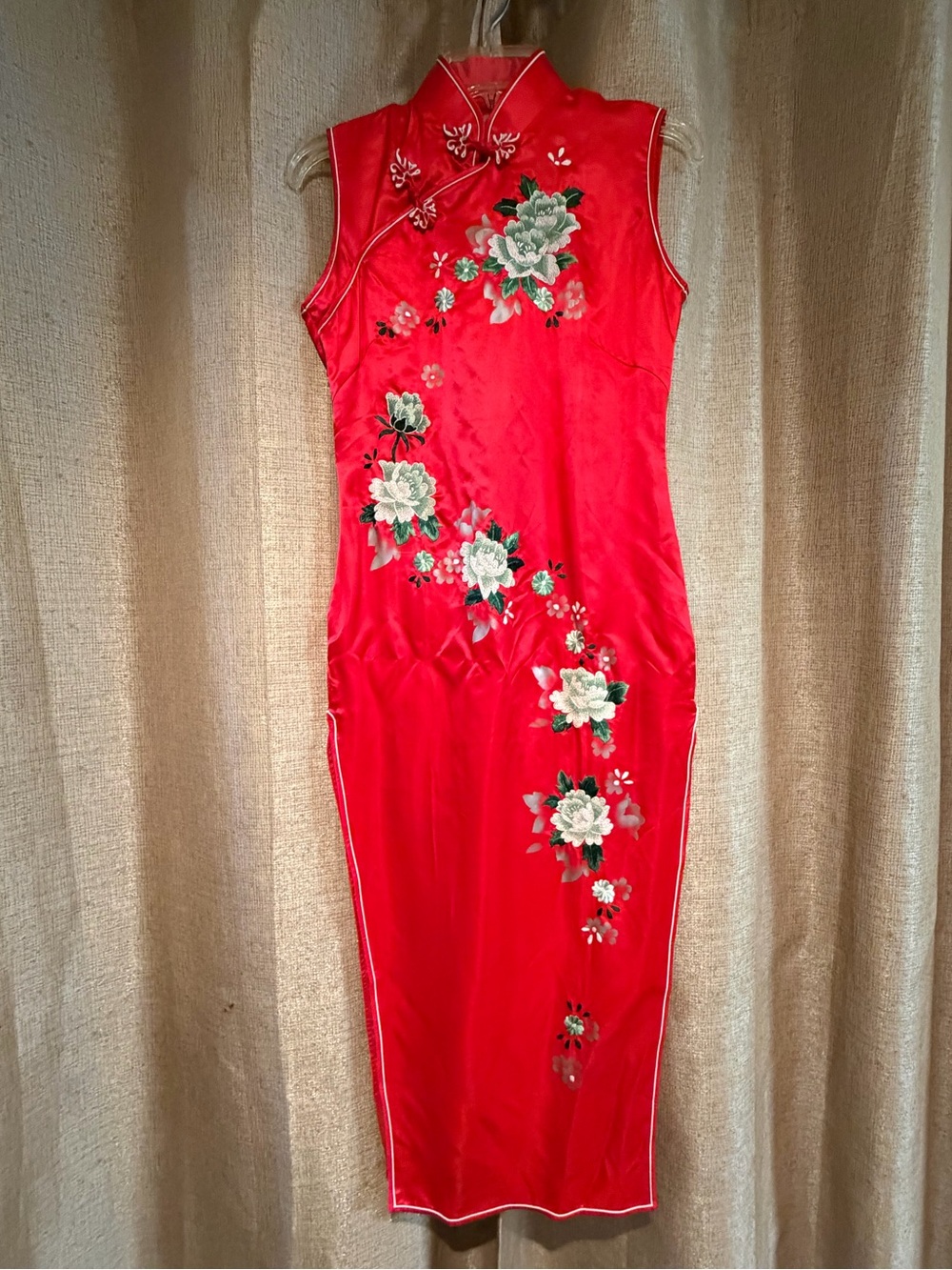 🥢 NWT Jin Lou Red Silk Blend Hunan Embroidered Cheongsam Qipao Dress Size 34